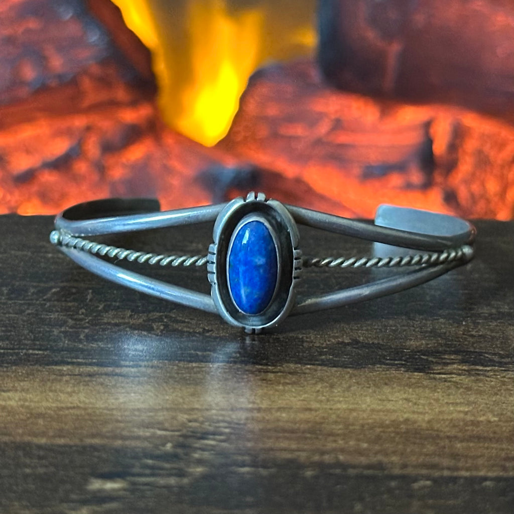 Navajo Leonard & Marian Nez Signed Lapis Sterling Shadowbox Twist Wire Cuff