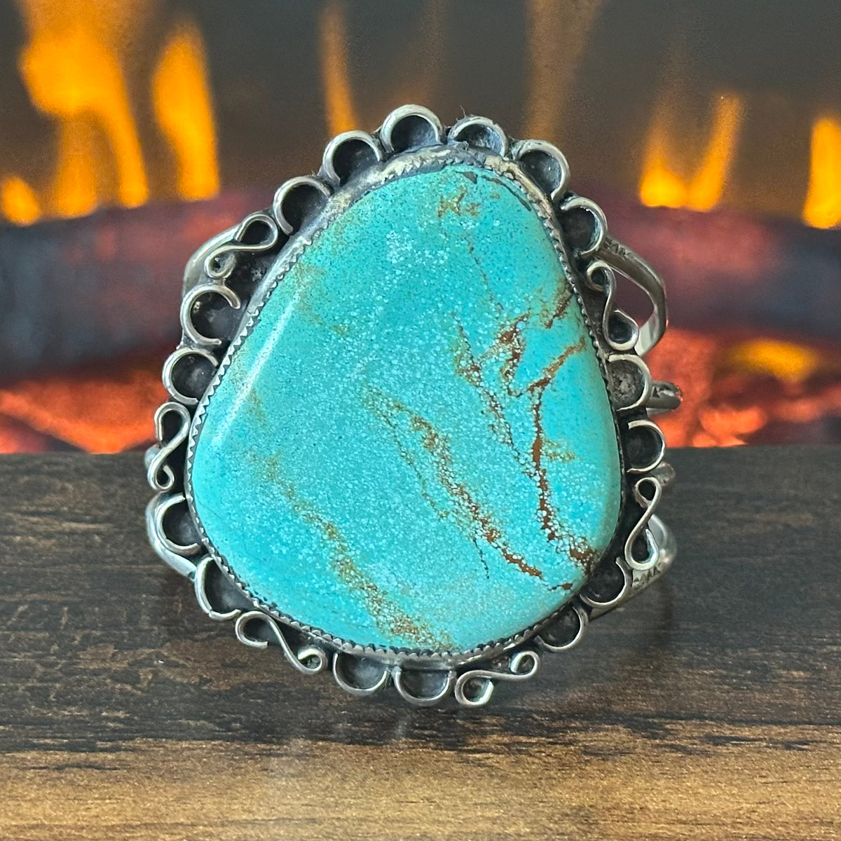 Vintage Turquoise Sterling Hand Stamped Floral Statement Cuff