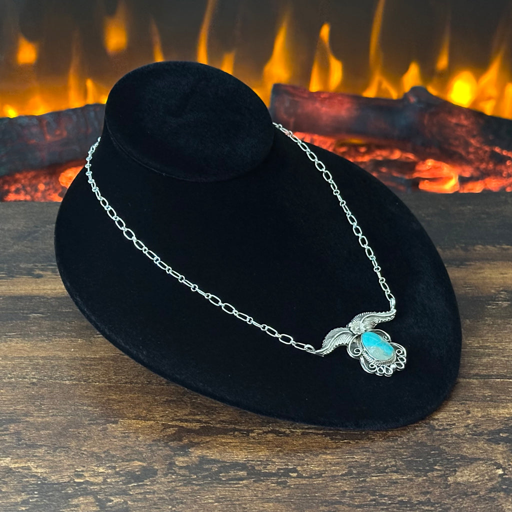 Navajo Gregg Yazzie Turquoise Sterling Twist Wire Feather Pendant Necklace