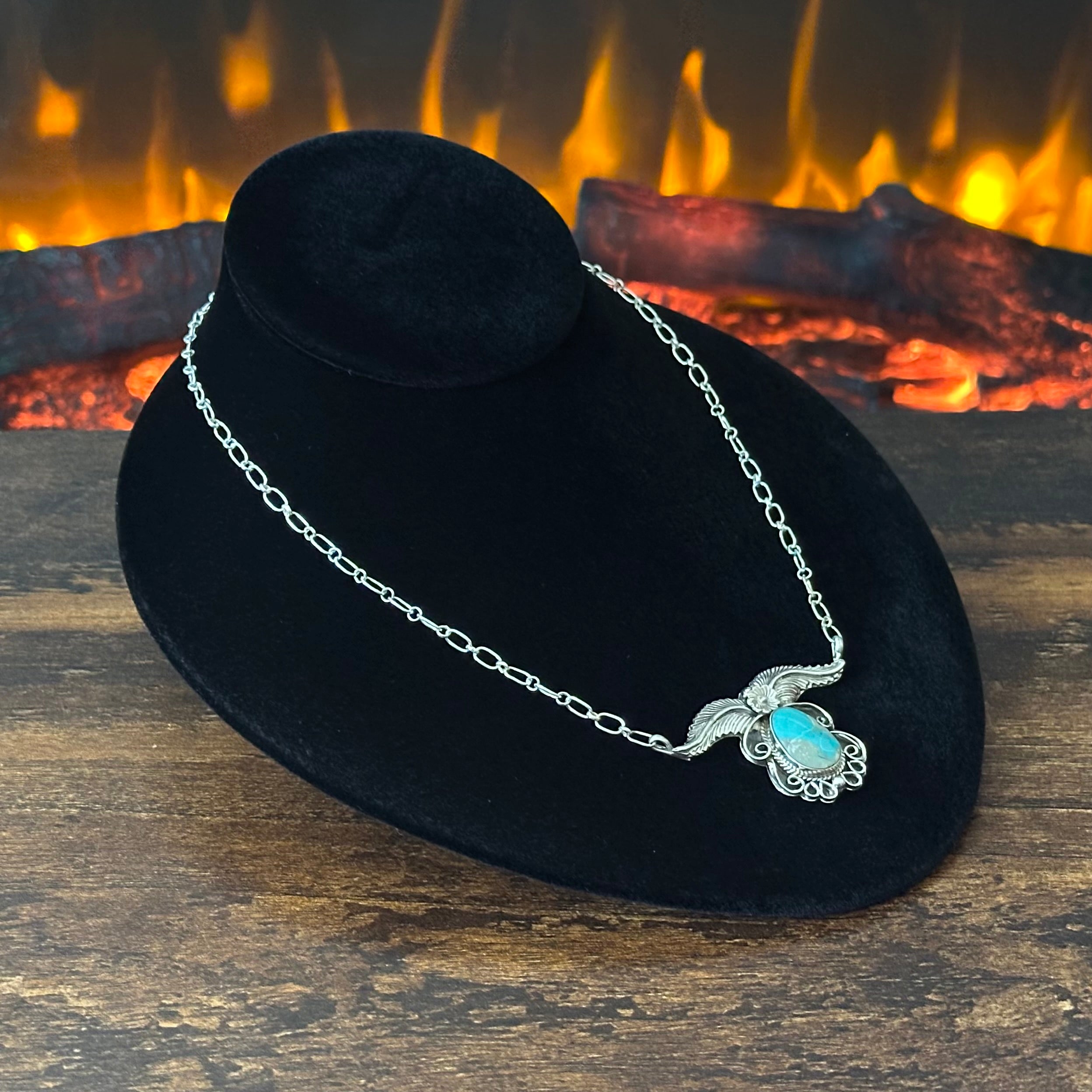 Navajo Gregg Yazzie Turquoise Sterling Twist Wire Feather Pendant Necklace