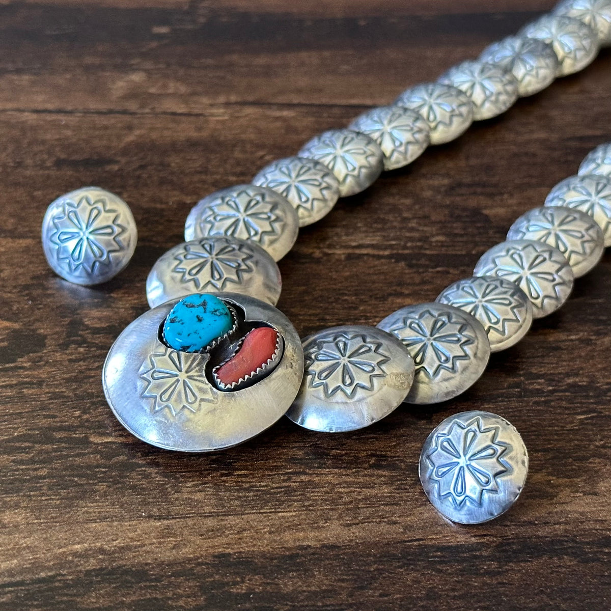 Navajo Carol Smith Reversible Turquoise Red Coral Sterling Shadowbox Pillow Bead Necklace Earrings Set