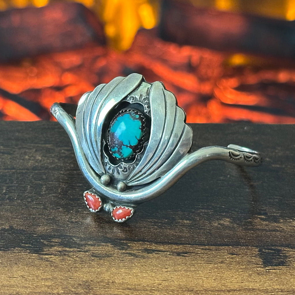 Bisbee Blue Electropen Signed Turquoise Red Coral 3 Stone Sterling Shadowbox Hand Stamped Cuff