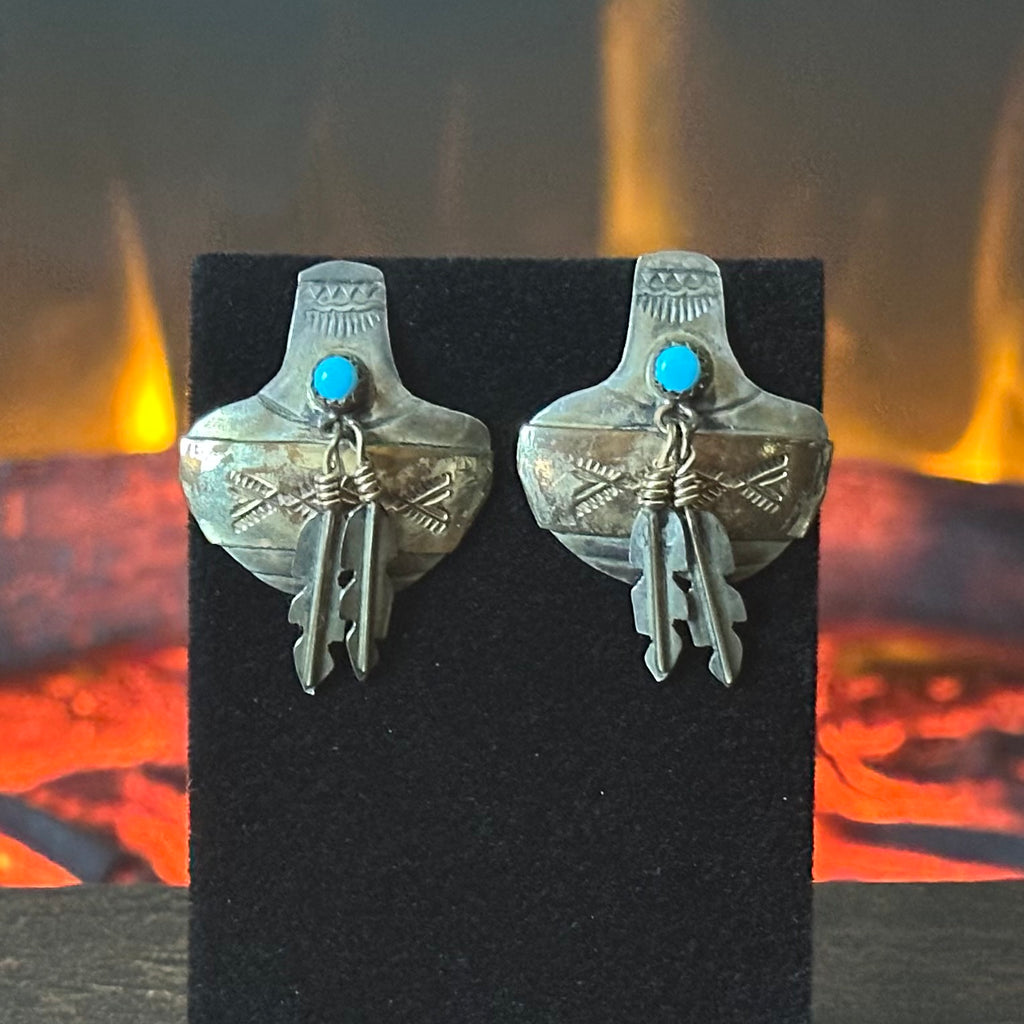 Vintage Turquoise Sterling 12K Gold Filled Hand Stamped Feather Stud Earrings