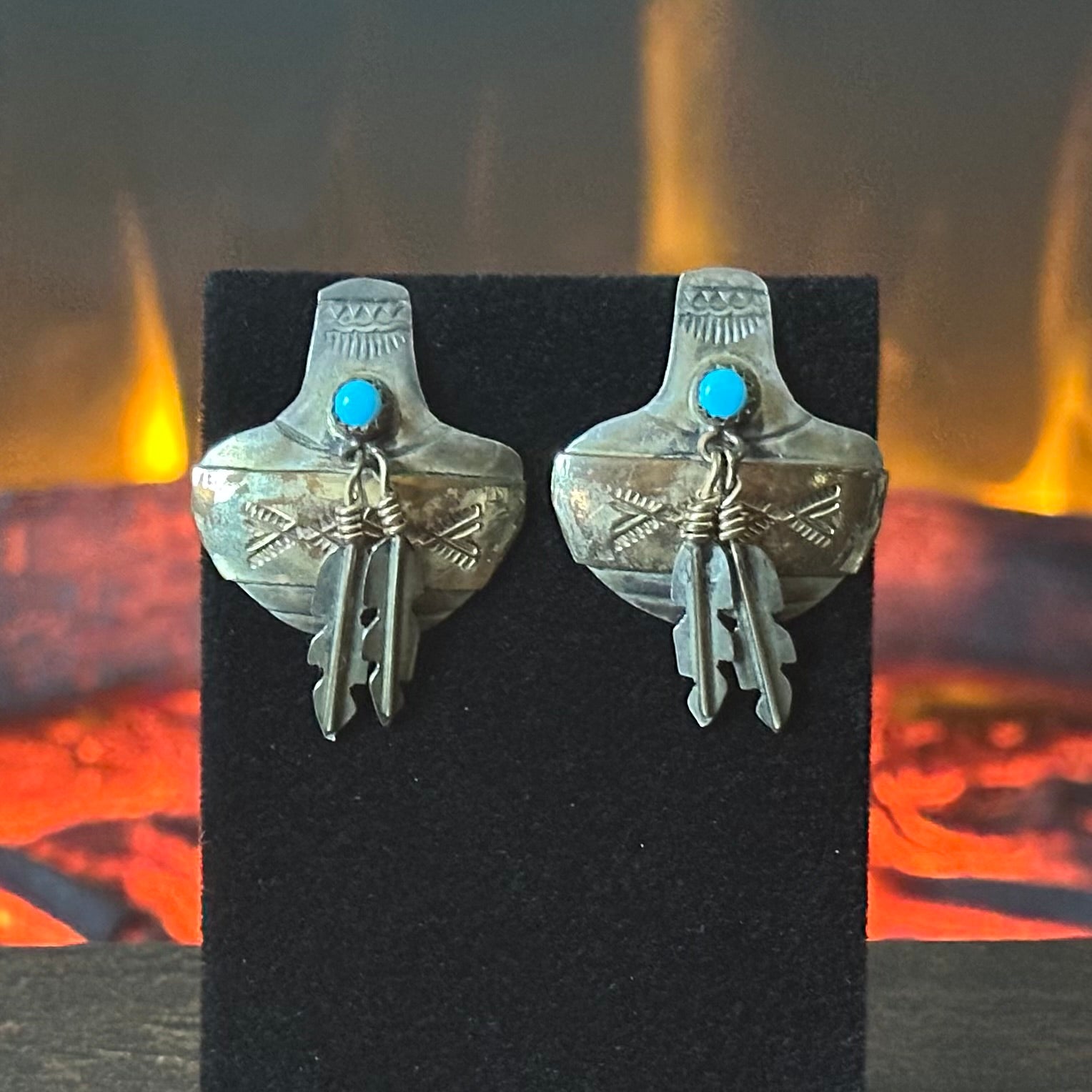 Vintage Turquoise Sterling 12K Gold Filled Hand Stamped Feather Stud Earrings