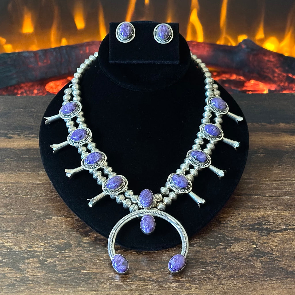 B Francisco Signed Charoite 12 Stone Sterling Squash Blossom Earrings Set