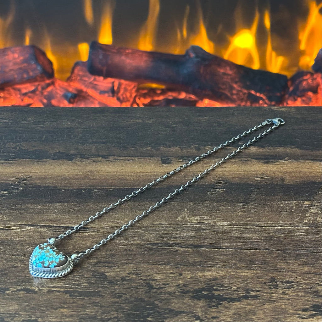 Navajo Donovan Skeets Mine #8 Turquoise Sterling Twist Wire Bezel Heart Pendant Necklace
