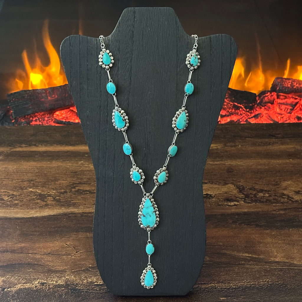 Navajo P.A. Smith Turquoise 13 Stone Sterling Lariat Statement Necklace