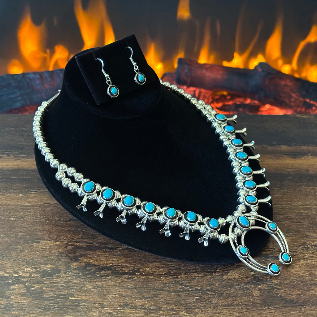 Navajo Phil & Lenora Garcia Sleeping Beauty Turquoise 19 Stone Sterling Squash Blossom Earrings Set