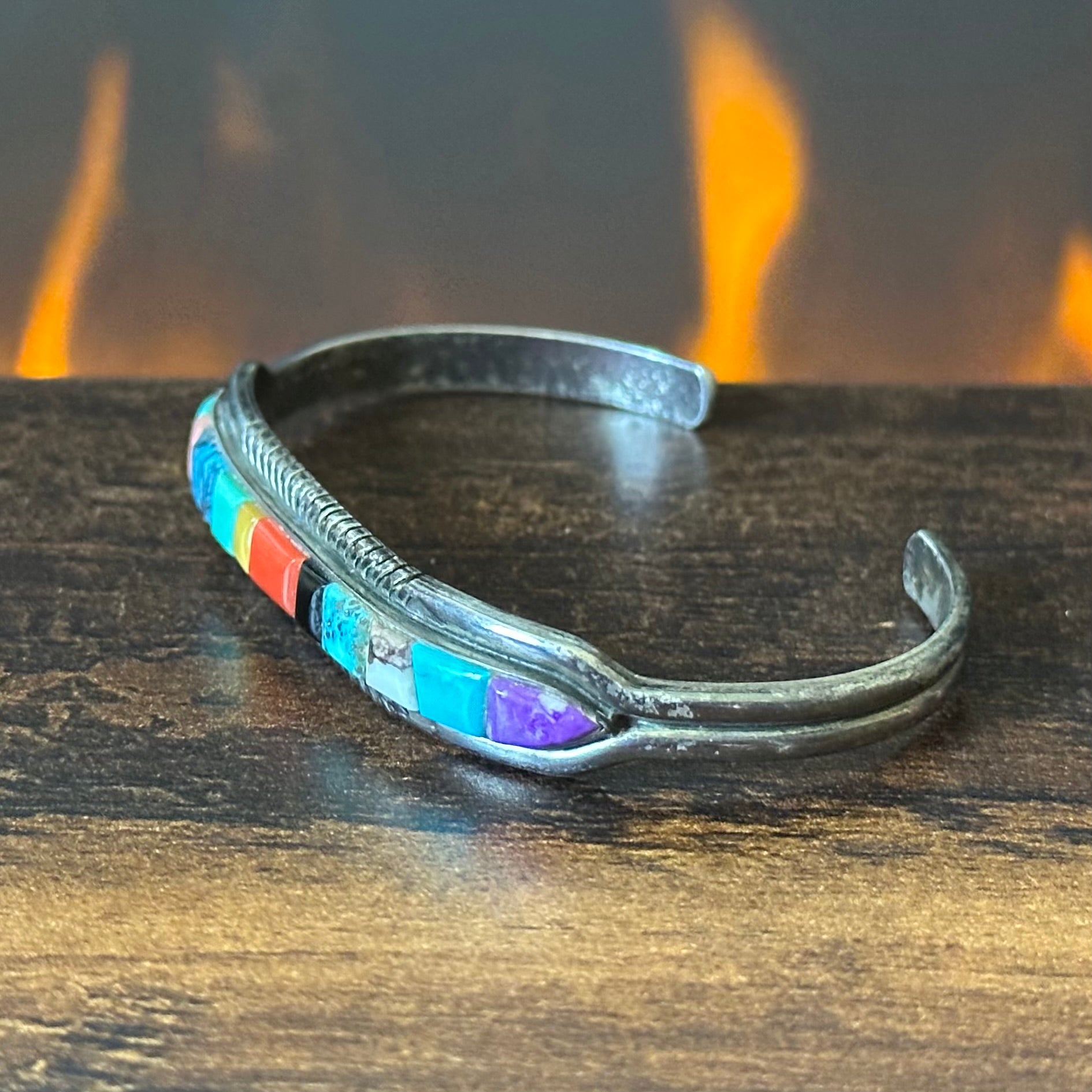 Vintage Signed Turquoise Pink Conch Red Coral Charoite Onyx Sterling Hand Stamped Inlay Stacker Cuff