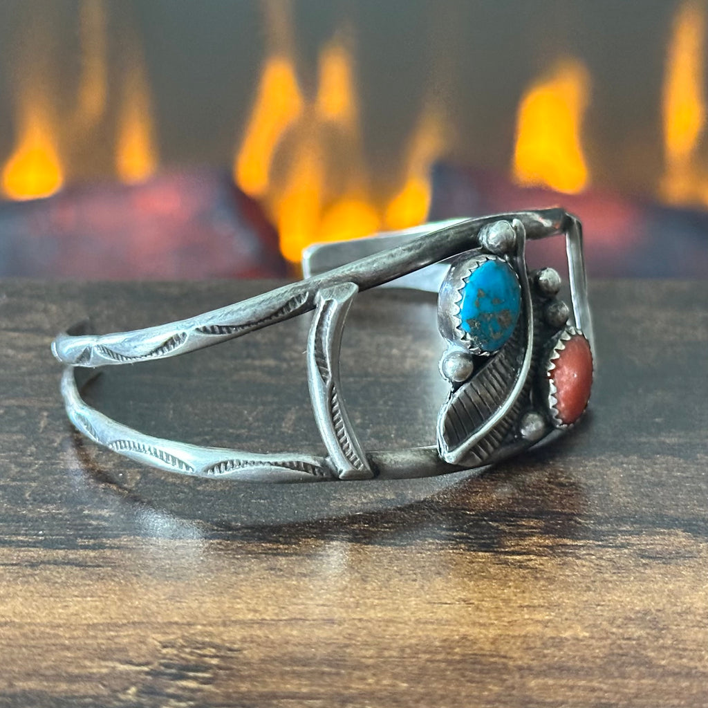 Turquoise Red Coral Sterling Hand Stamped Raindrop Feather Cuff