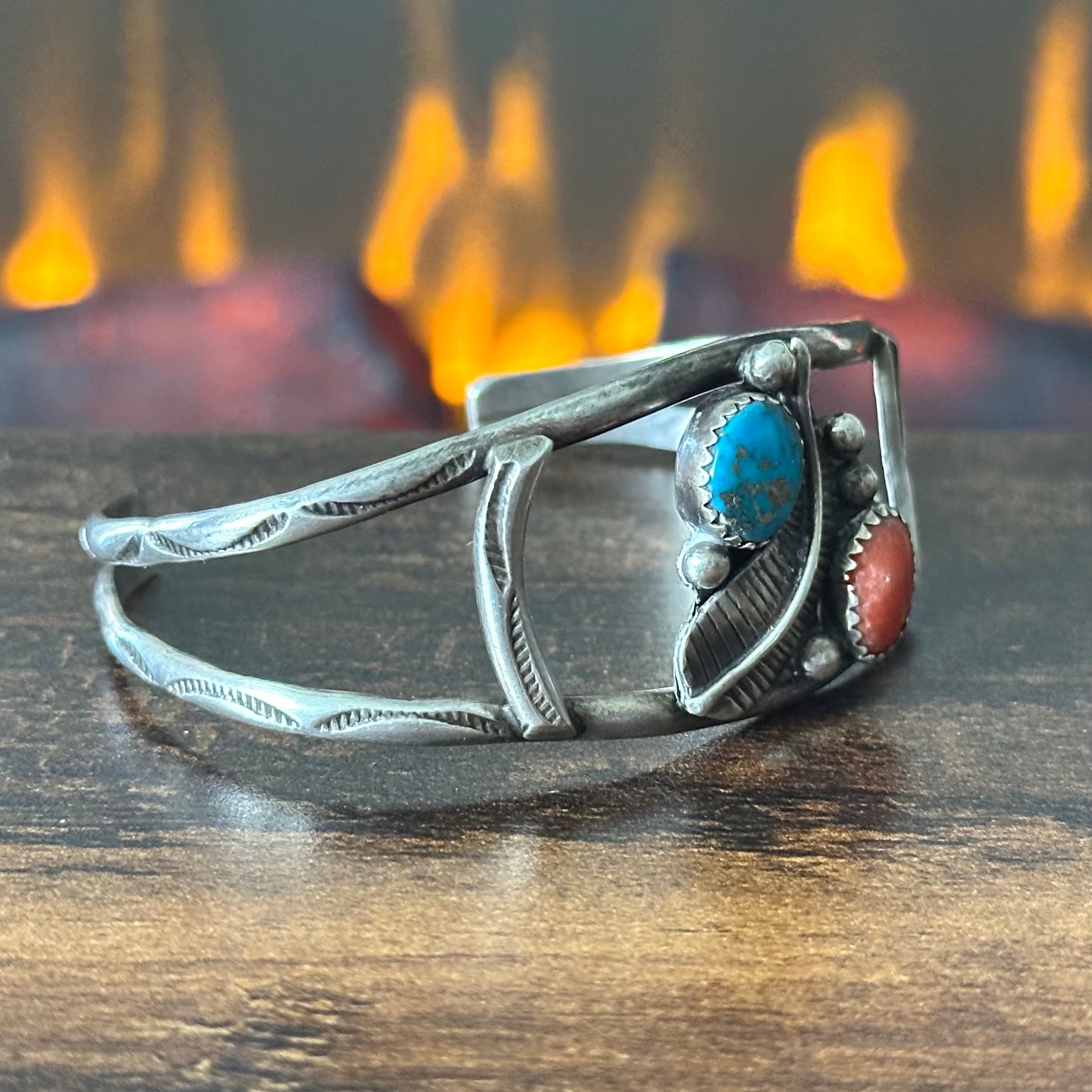Turquoise Red Coral Sterling Hand Stamped Raindrop Feather Cuff