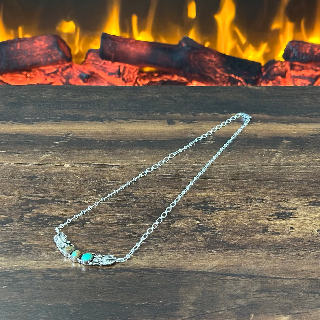 Navajo Gwendolyn Burnside Green Turquoise 3 Stone Sterling Floral Leaf Necklace