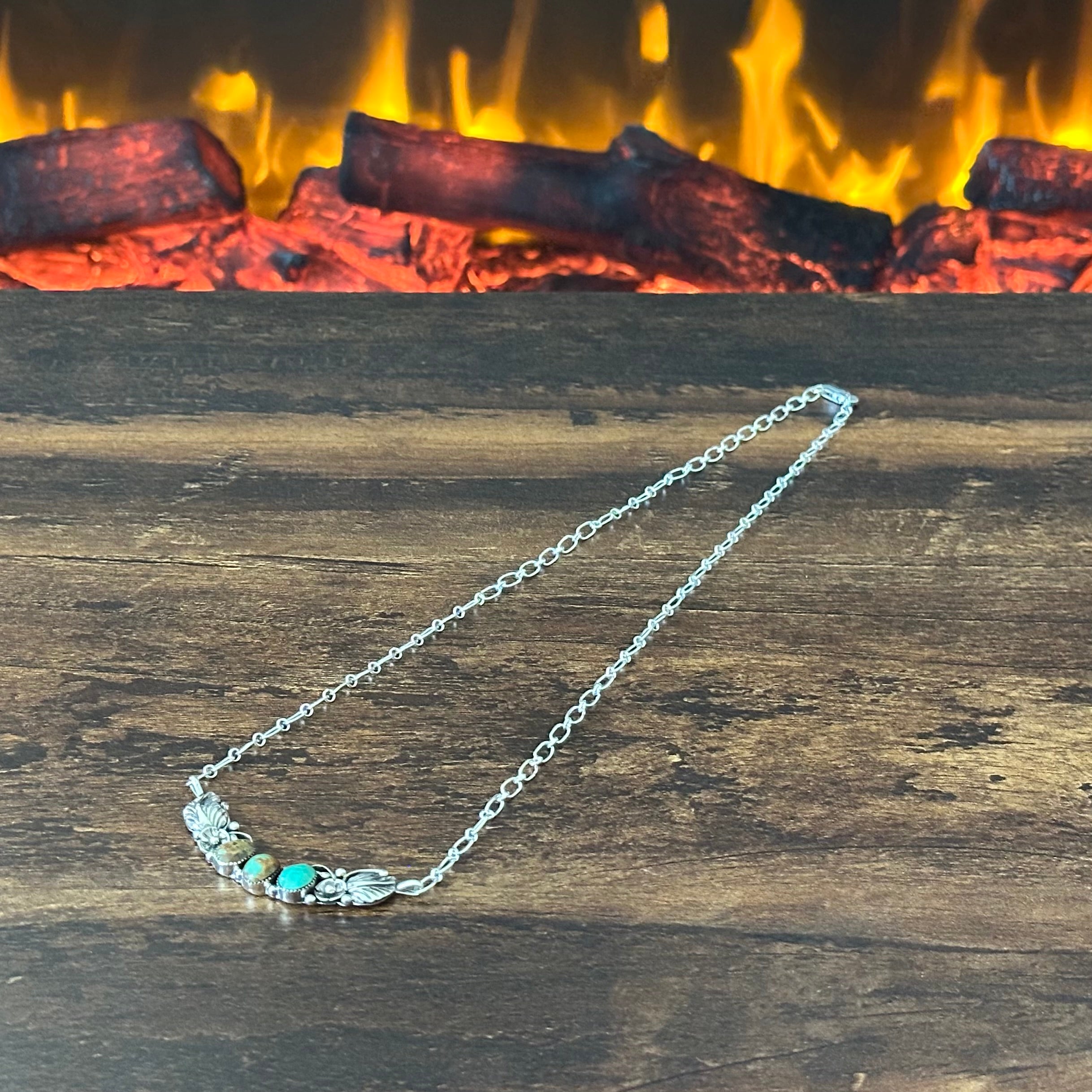 Navajo Gwendolyn Burnside Green Turquoise 3 Stone Sterling Floral Leaf Necklace