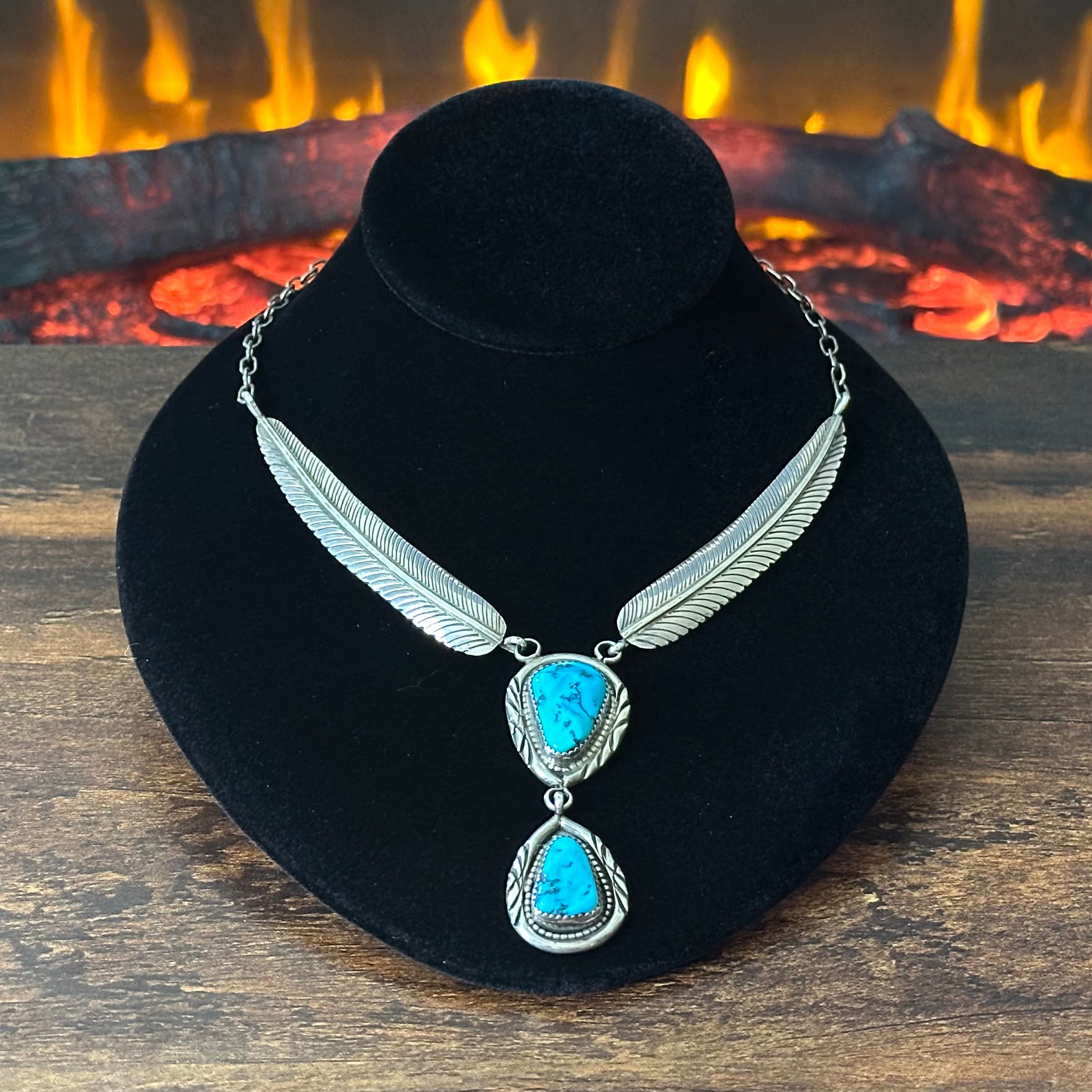 Turquoise Sterling Twist Wire Bezel Feather Statement Necklace