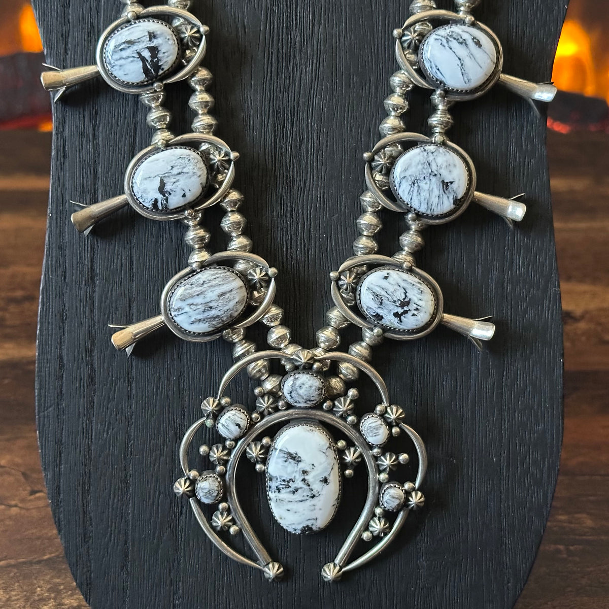 Navajo Ray Delgarito White Buffalo 18 Stone Sterling Raindrop Squash Blossom Necklace