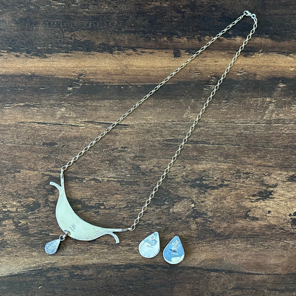 Silver Ray Turquoise Gold Over Sterling Ornate Inlay Necklace Earrings Set