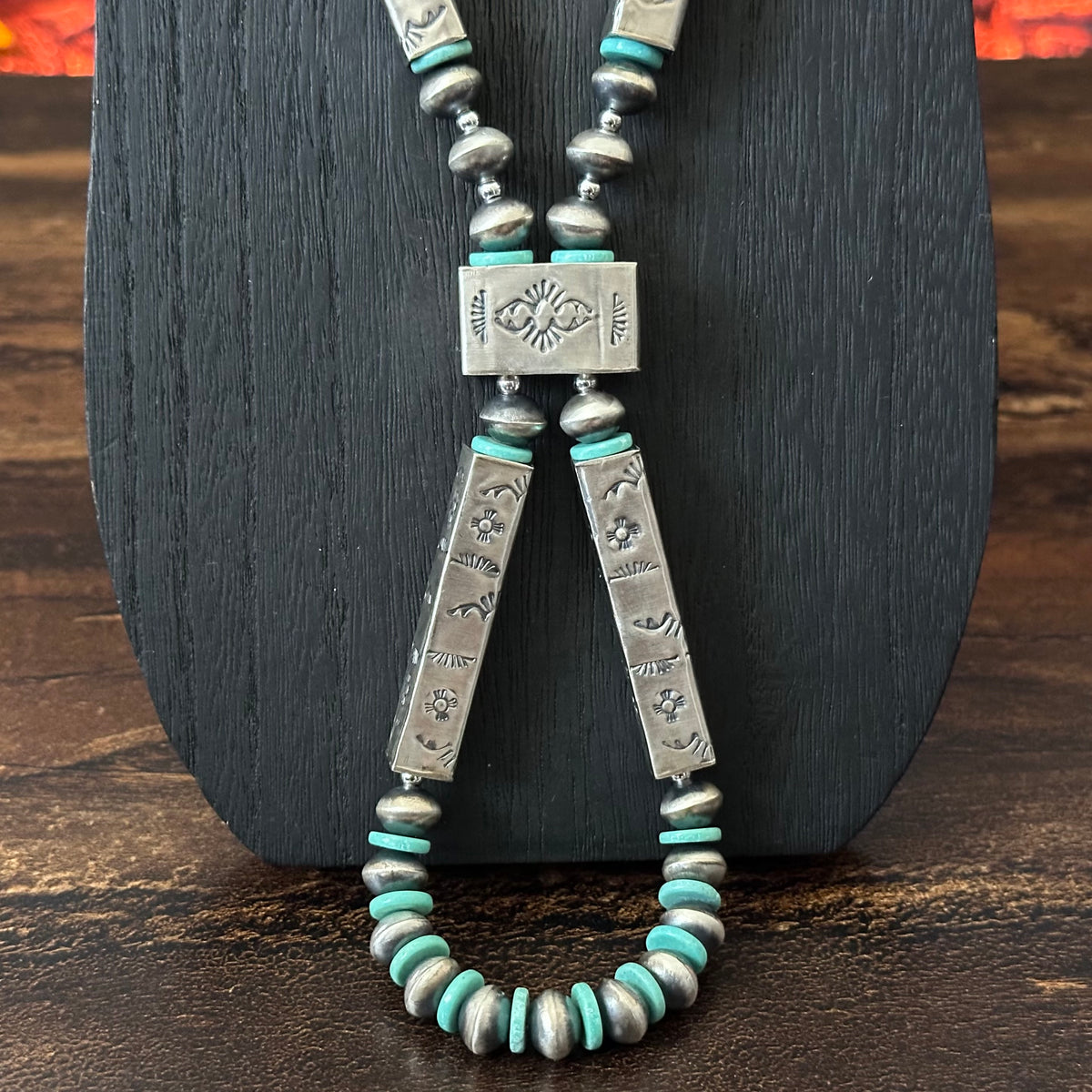 Navajo Tysha Aparicio Turquoise Sterling Handmade Rectangular Bead Stamped Necklace Earrings Set