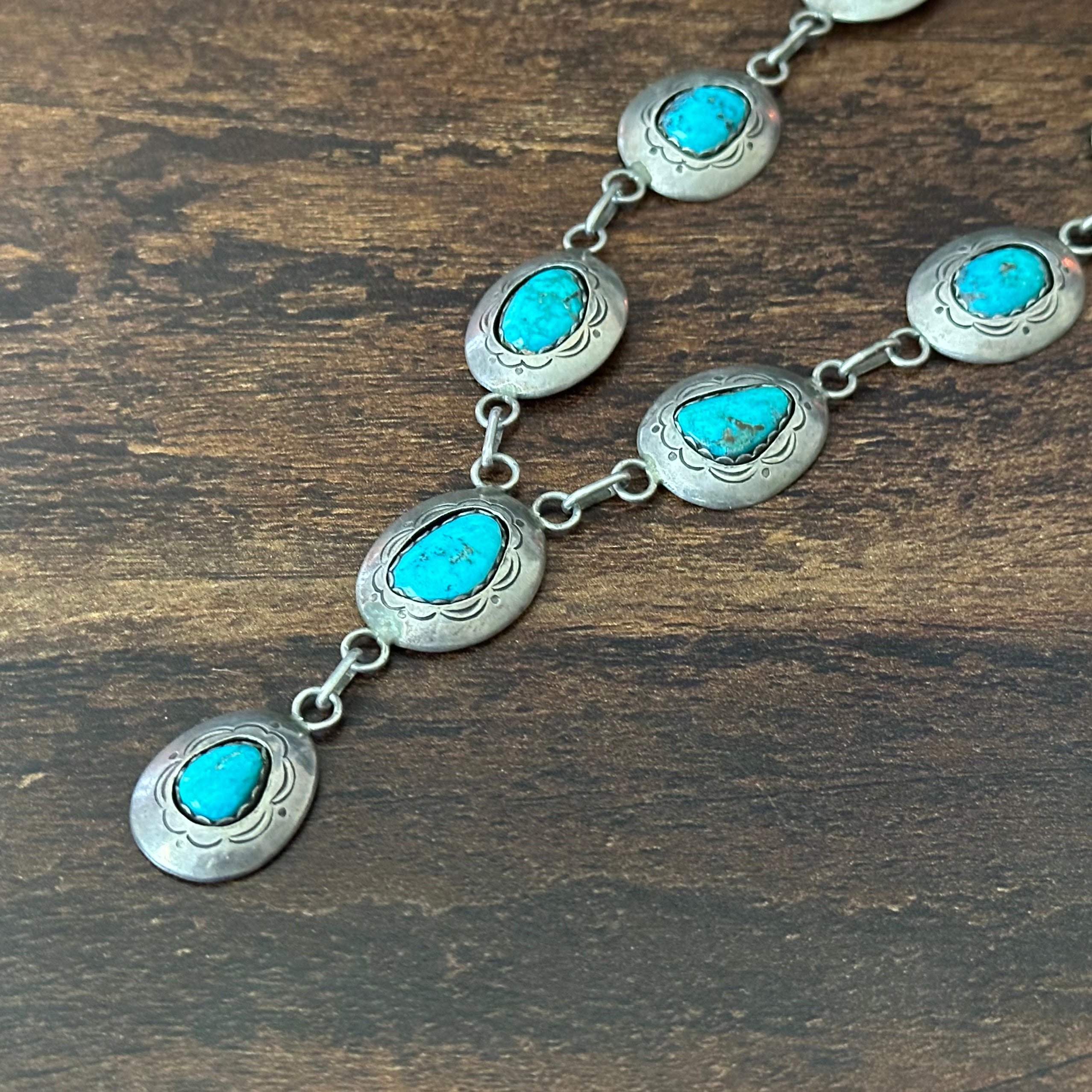 Navajo Jefferson James Turquoise 8 Stone Sterling Hand Stamped Shadowbox Lariat Necklace