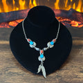 R. Wylie Signed Turquoise Red Coral 6 Stone Sterling Feather Necklace