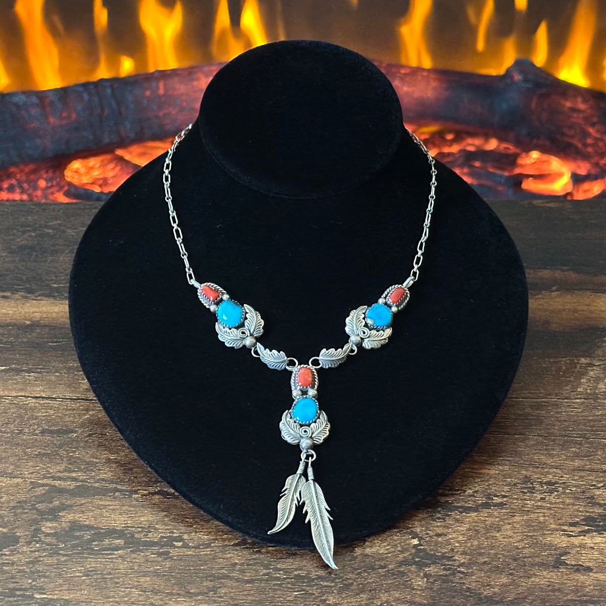R. Wylie Signed Turquoise Red Coral 6 Stone Sterling Feather Necklace