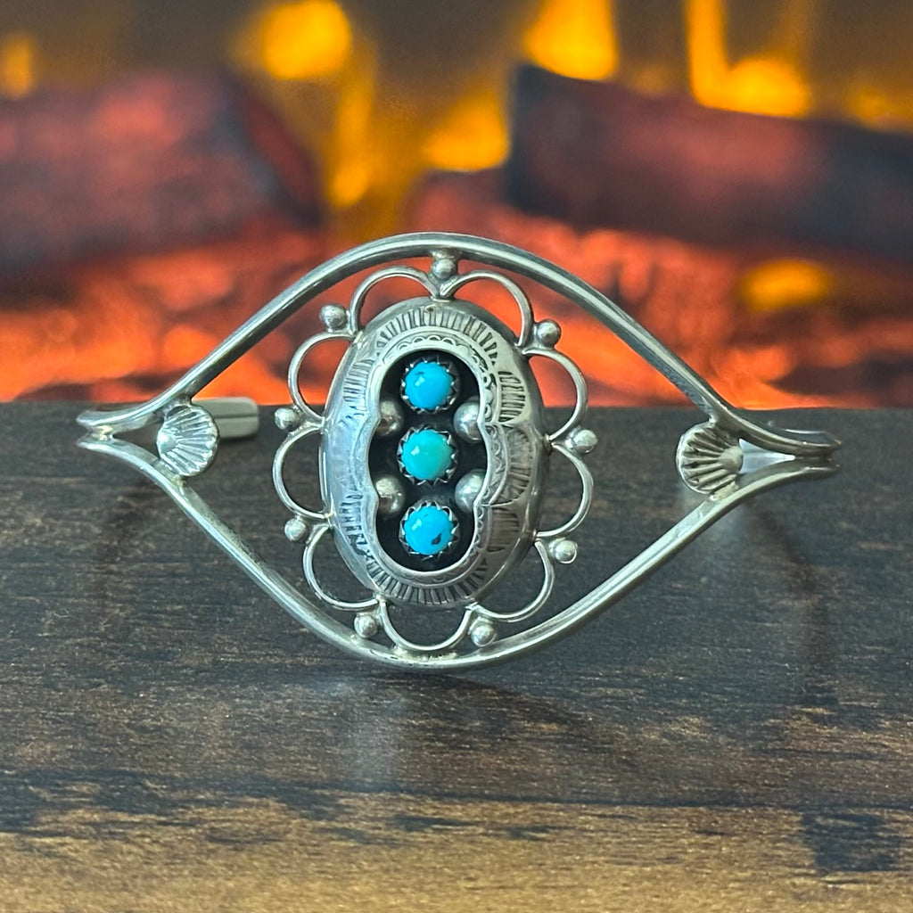 PL Signed Turquoise 3 Stone Sterling Shadowbox Hand Stamped Floral Cuff