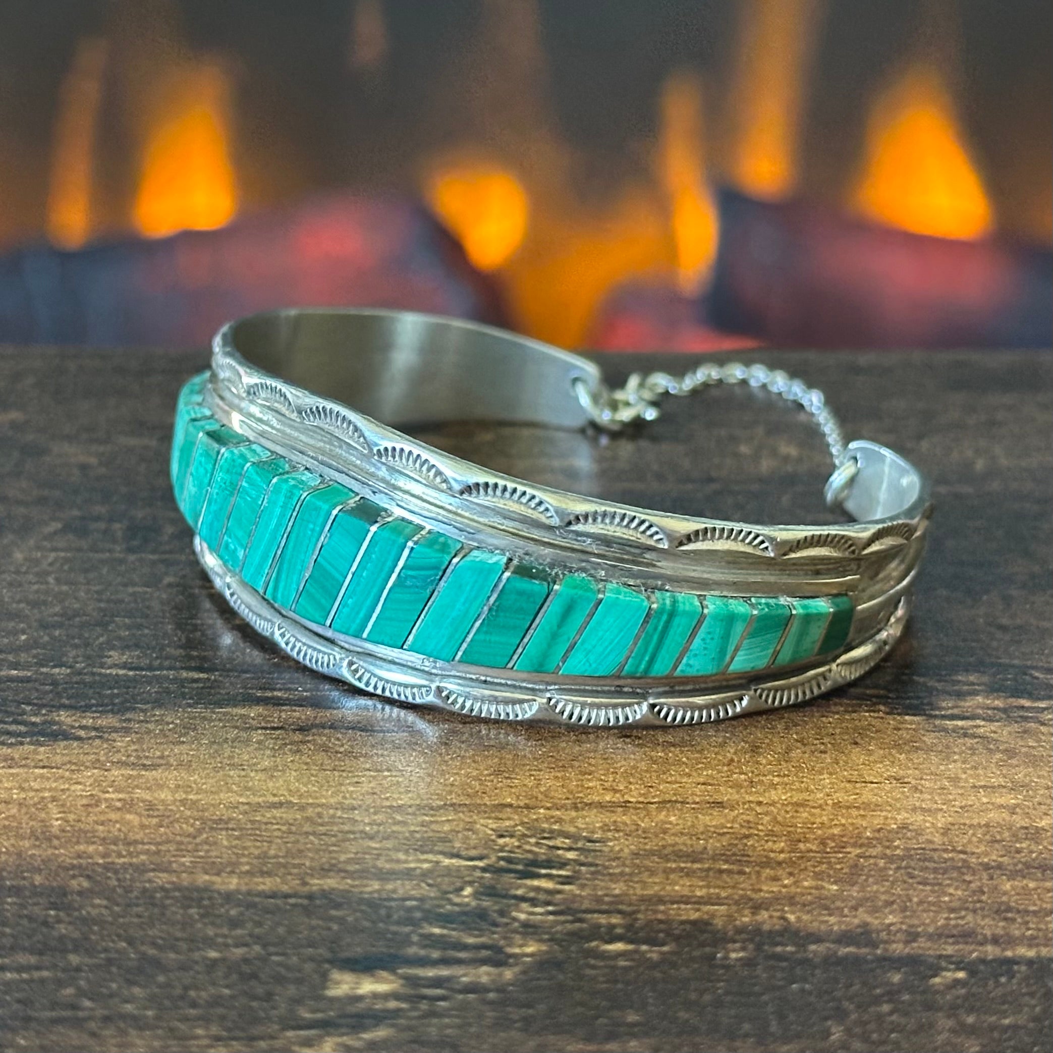 Zuni Eldred & Charlotte Seoutewa Malachite Sterling Hand Stamped Inlay Cuff w/ Chain