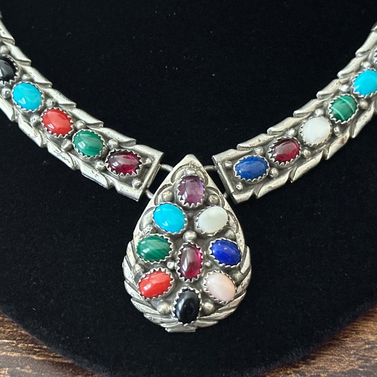 P.A. Signed Turquoise Amethyst Red Coral Garnet Mother of Pearl Malachite Lapis 31 Stone Sterling Hand Stamped Teardrop Necklace Earrings Set