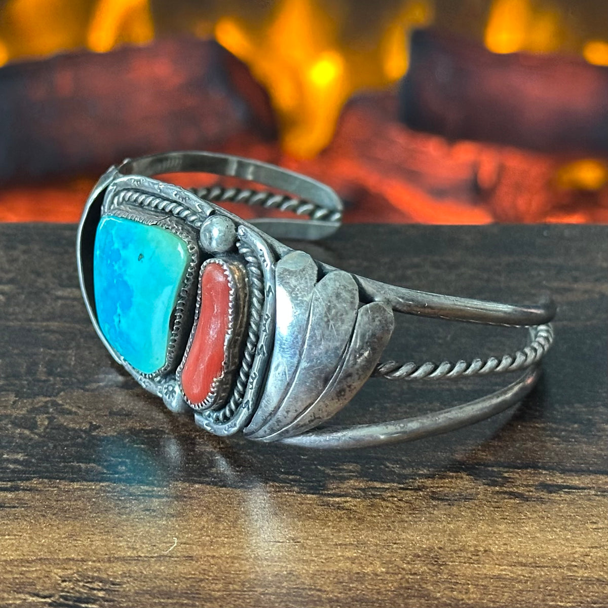 Vintage Turquoise Red Coral Sterling Hand Stamped Twist Wire Cuff