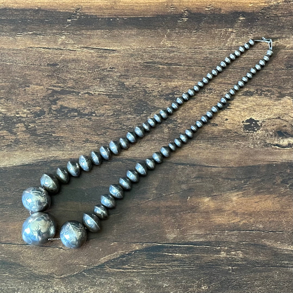 Handmade Graduated Stamped Sterling Pearl Necklace