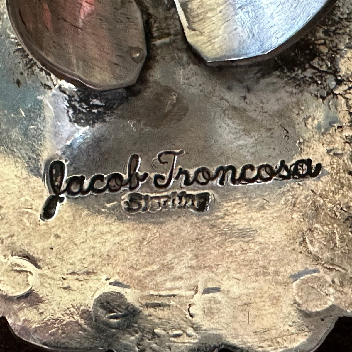 San Felipe Jacob Troncosa Webbed Turquoise Sterling Hand Stamped Adjustable Statement Ring