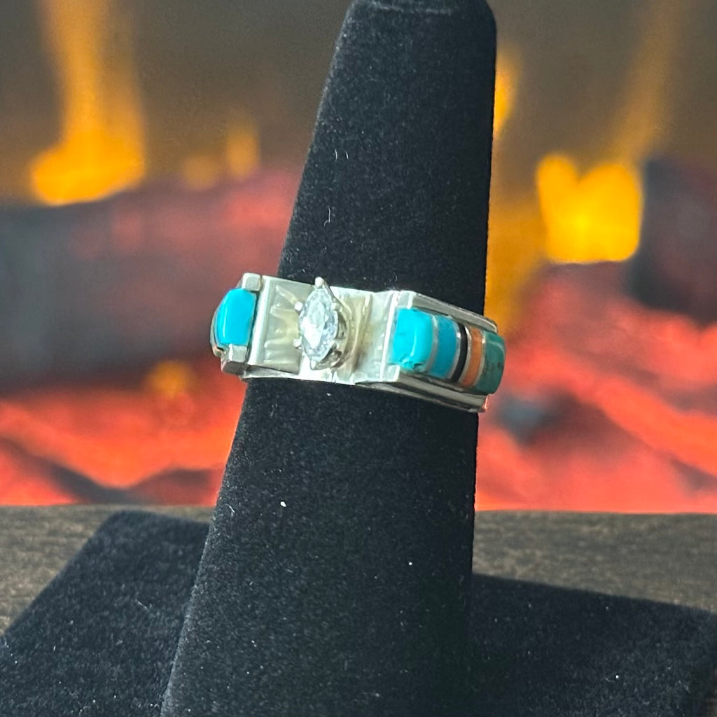 Pictogram Signed Turquoise Spiny Oyster Onyx Sterling Inlay Ring