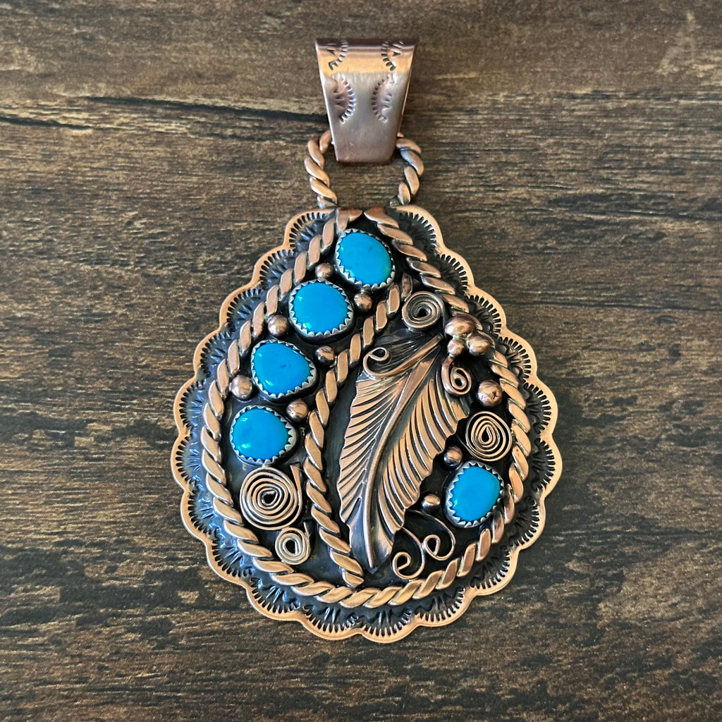 Running Bear Trading Turquoise 5 Stone Copper Over Sterling Feather Pendant