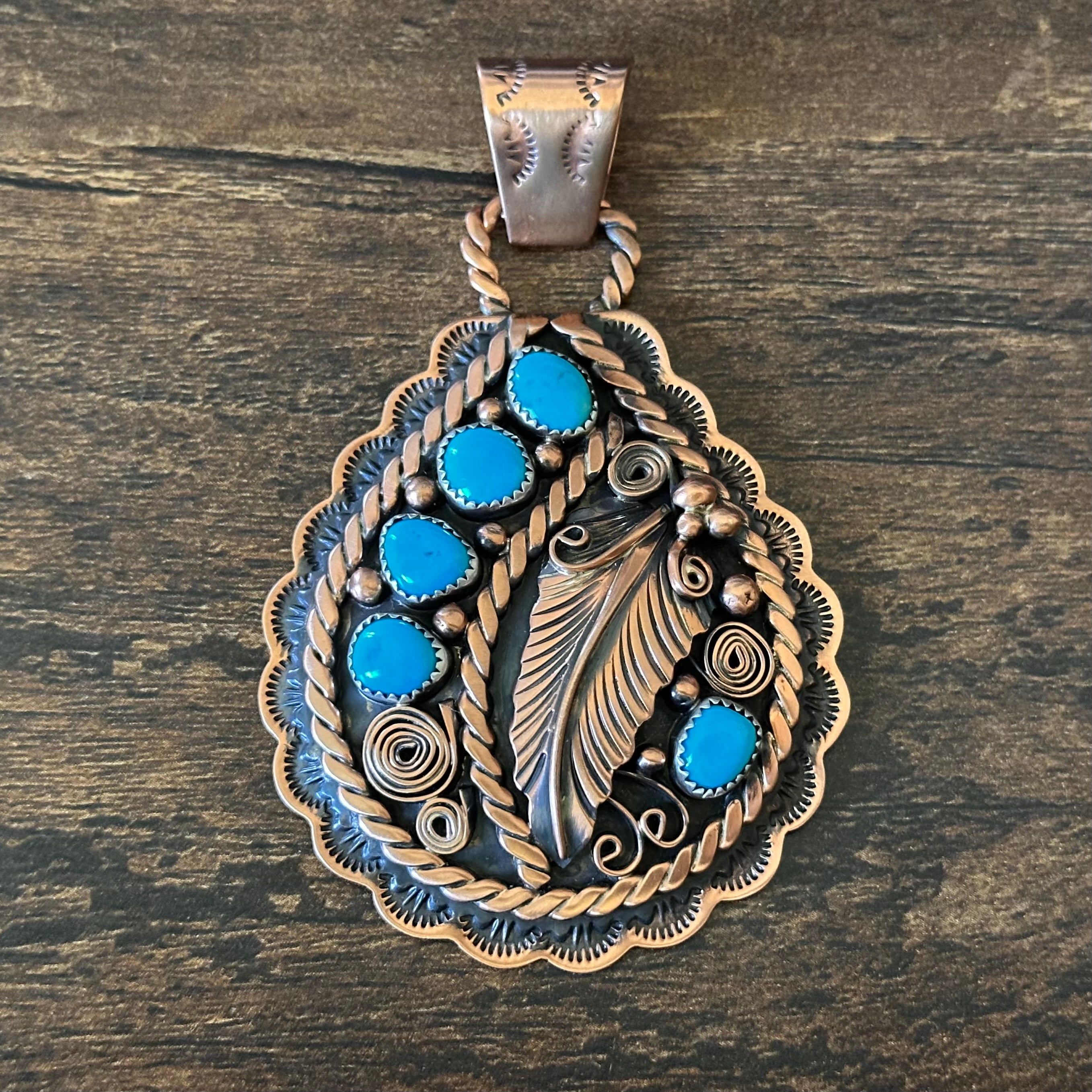 Running Bear Trading Turquoise 5 Stone Copper Over Sterling Feather Pendant