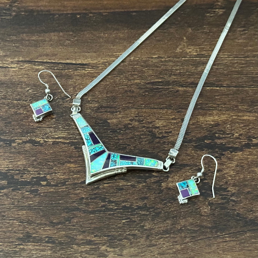 H Signed Supersmith Inc. Turquoise Sugilite Opal Sterling Inlay Chevron Necklace Earrings Set