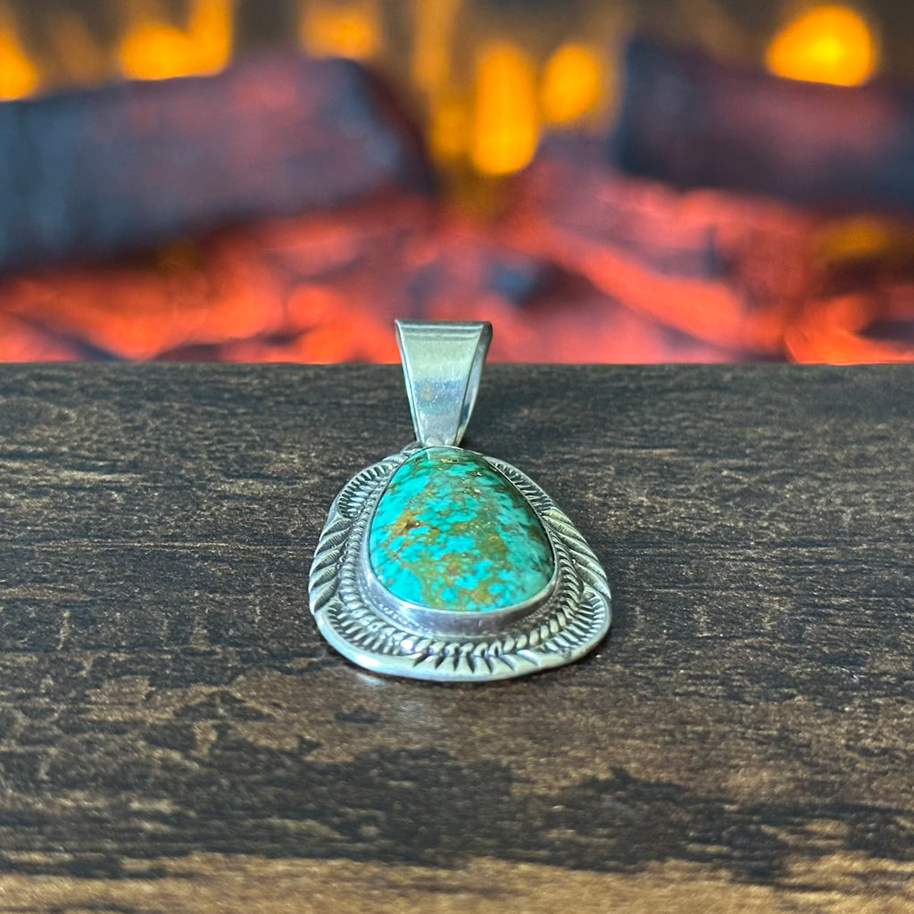 Navajo Will Denetdale Turquoise Sterling Hand Stamped Twist Wire Bezel Teardrop Pendant
