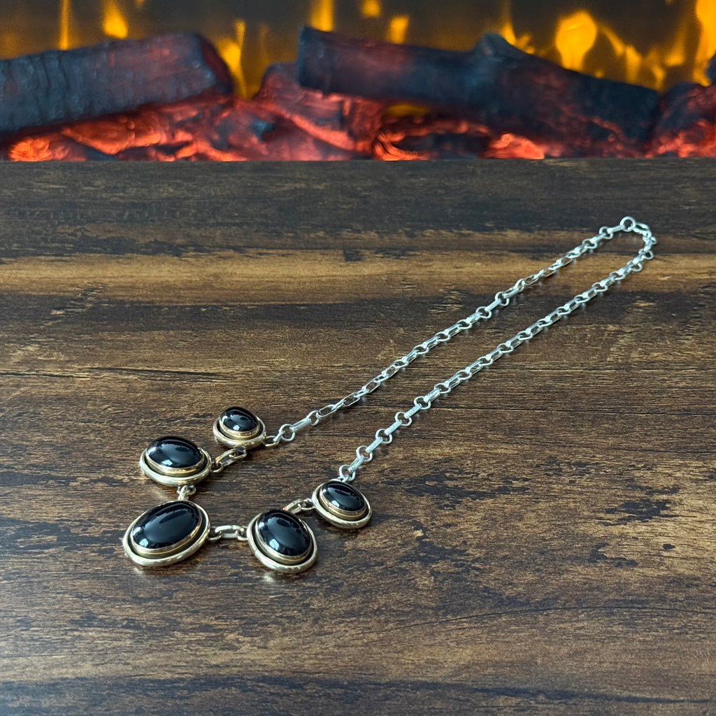 KB Signed Onyx 5 Stone Sterling 12k Gold Filled Station Necklace Clip-On Earrings Set