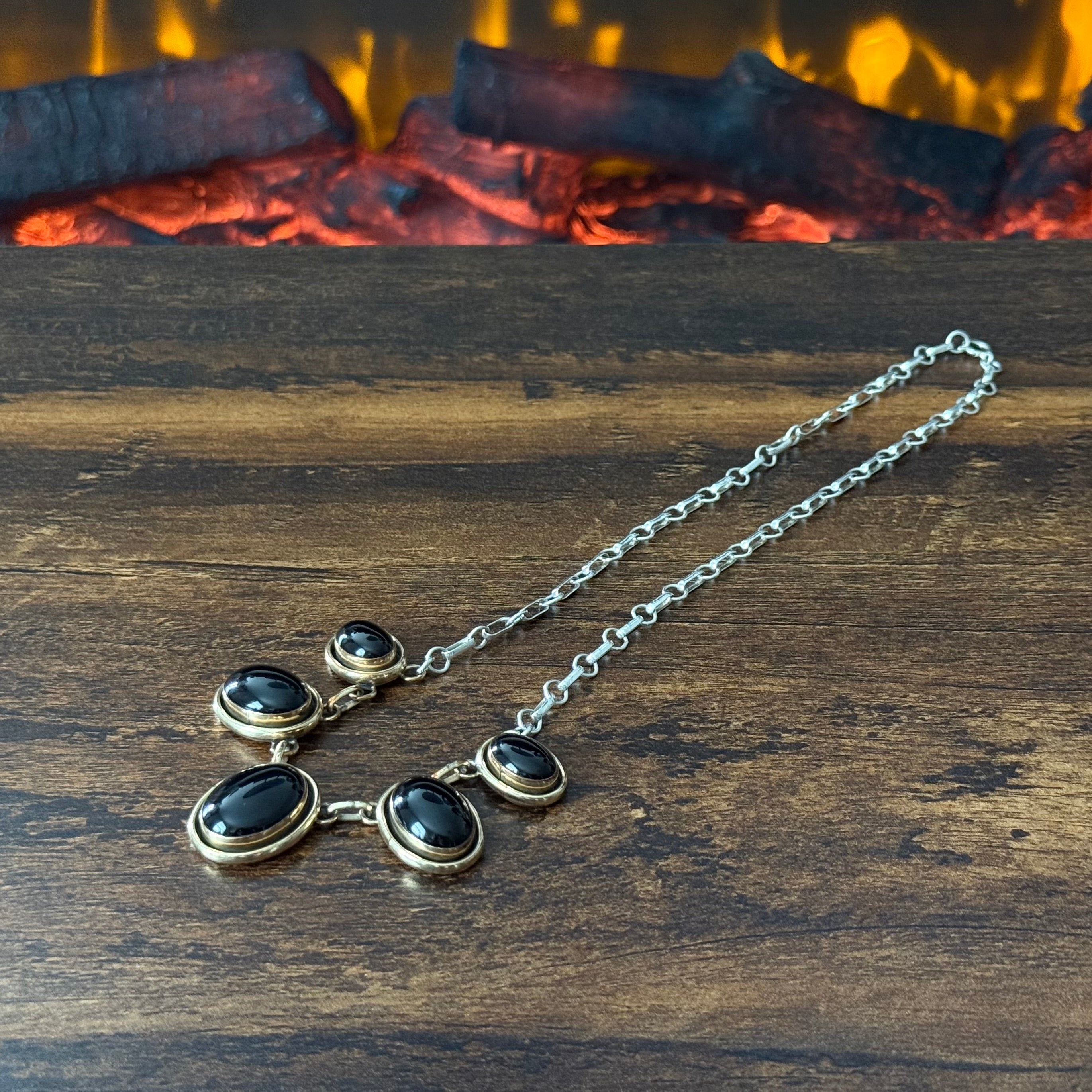KB Signed Onyx 5 Stone Sterling 12k Gold Filled Station Necklace Clip-On Earrings Set