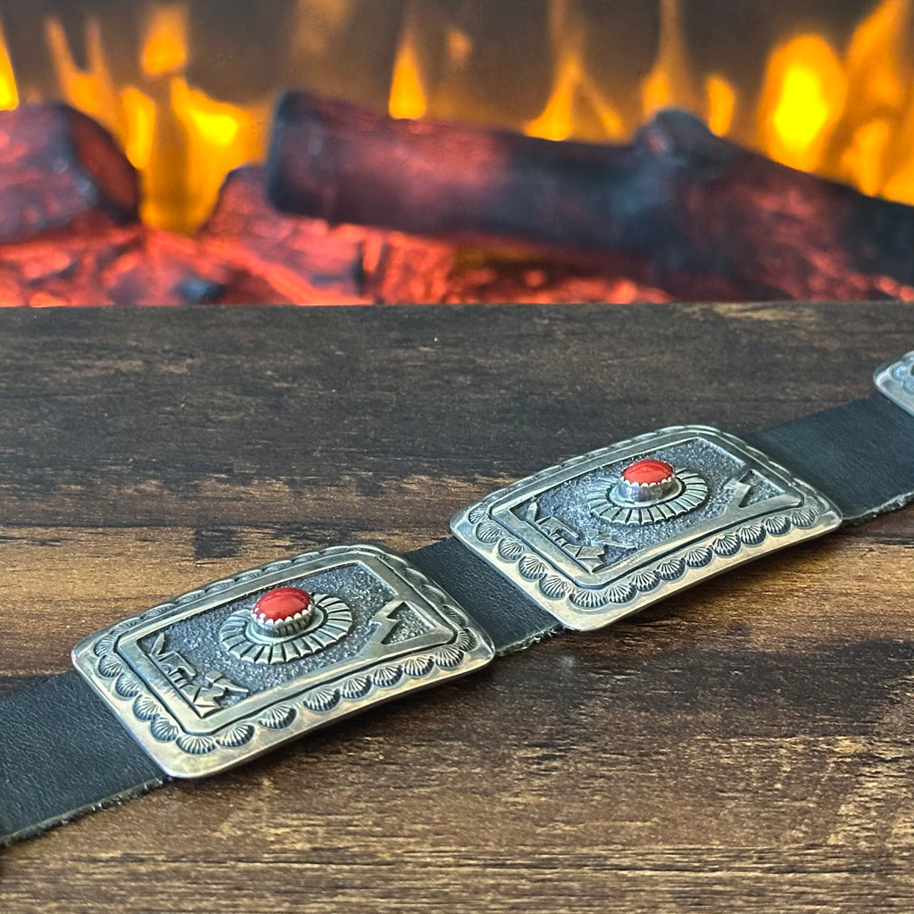 Navajo Jerome Begay 1984 Red Coral 11 Concho Sterling Overlay Hand Stamped Belt Pendant Set