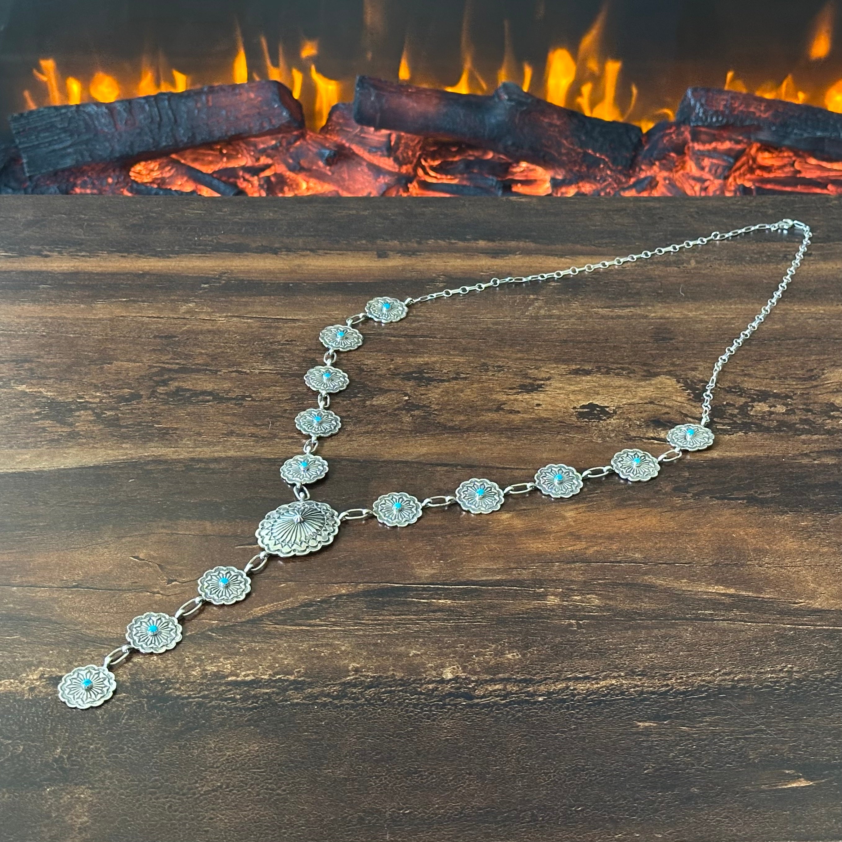 Running Bear Trading Turquoise 13 Stone Sterling Hand Stamped Concho Lariat Necklace