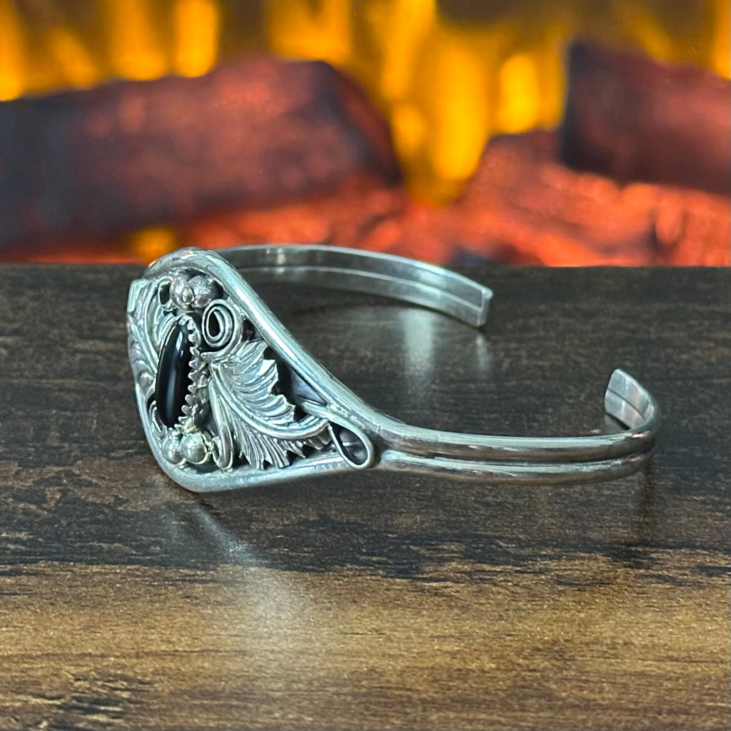 Navajo Harry B Yazzie Onyx Sterling Ornate Leaf Cuff