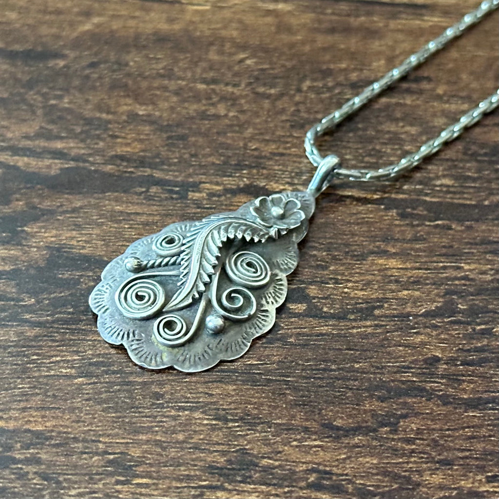 Navajo James W. Tom Sterling Overlay Floral Feather Teadrop Pendant Necklace