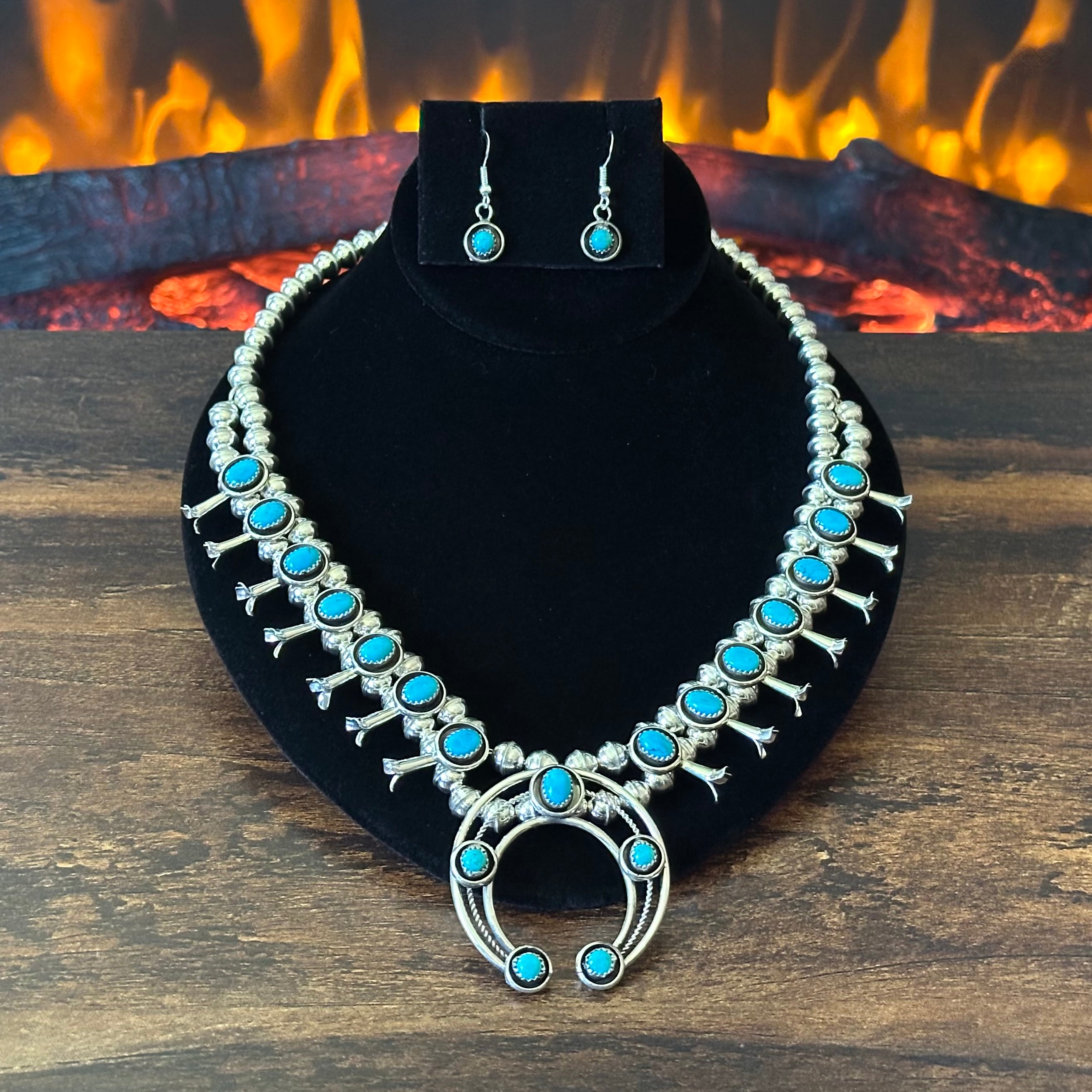 Navajo Phil & Lenora Garcia Sleeping Beauty Turquoise 19 Stone Sterling Squash Blossom Earrings Set