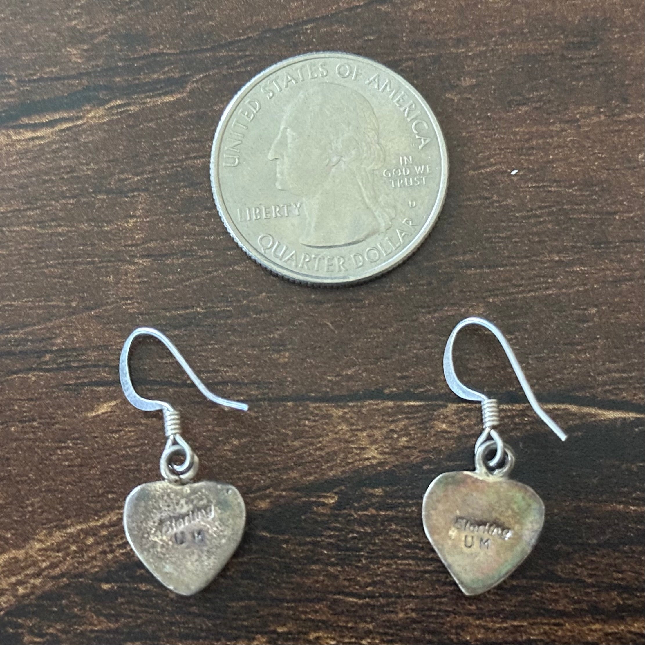UM Signed Turquoise Red Coral MOP Jet Sterling Inlay Heart Dangle Earrings