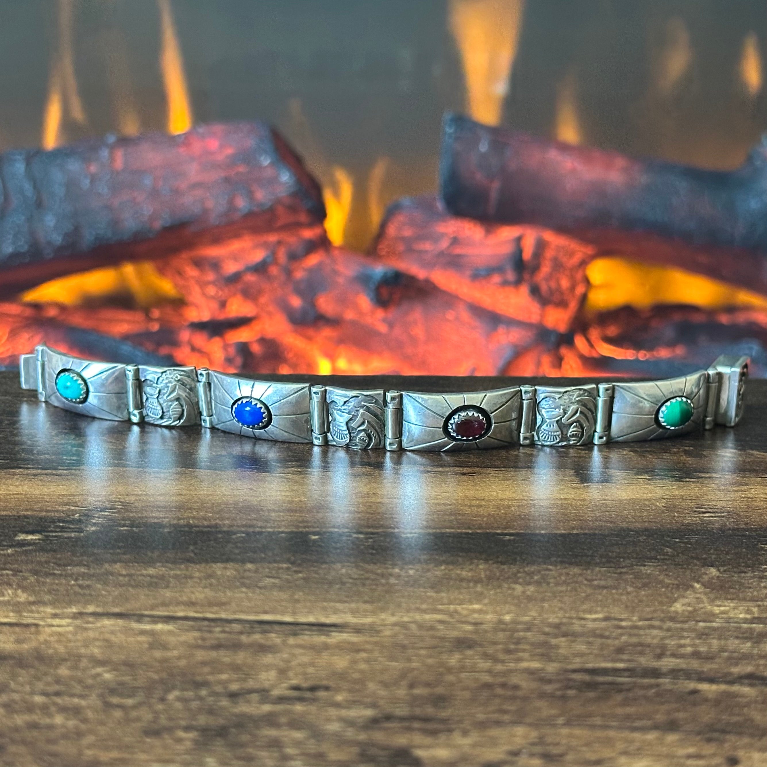 Navajo Tommy Jackson Turquoise Lapis Garnet Malachite Sterling Hand Stamped Bracelet