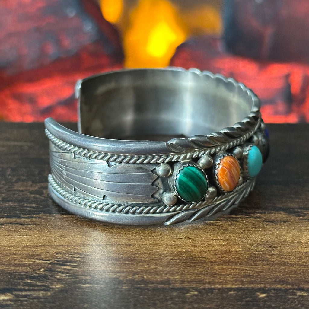 Navajo James Shay Rainbow Multi Stone Sterling Twist Wire Raindrop Cuff