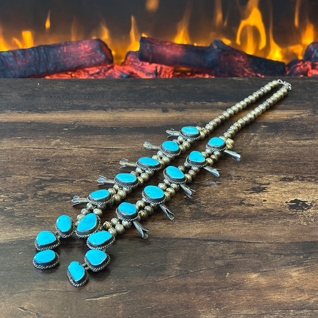 1970-80s Turquoise 17 Stone Sterling Twist Wire Bezel Squash Blossom