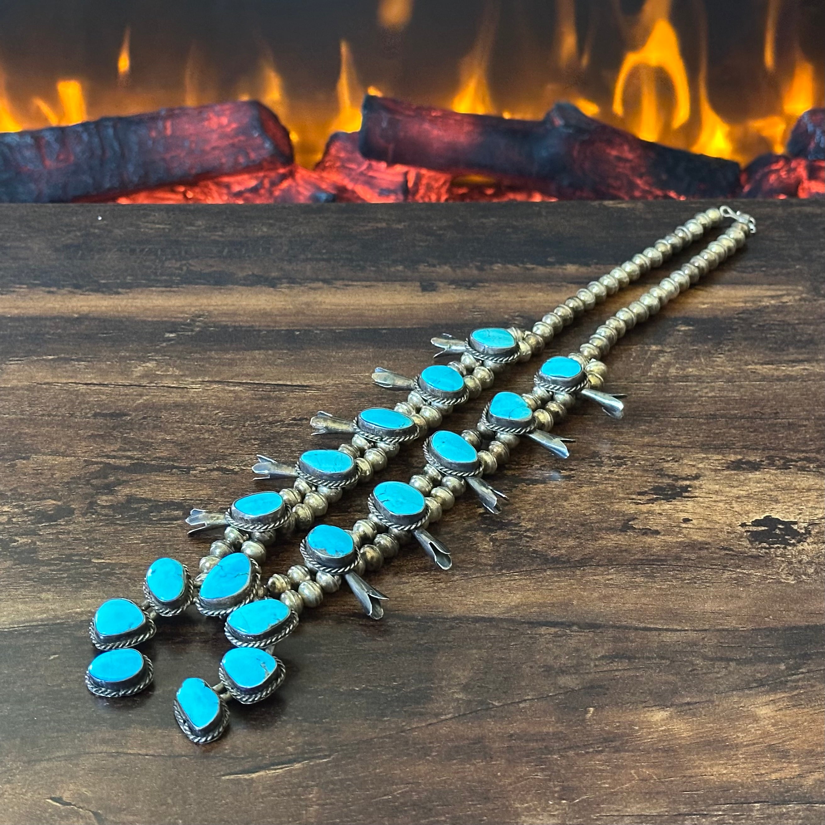 1970-80s Turquoise 17 Stone Sterling Twist Wire Bezel Squash Blossom