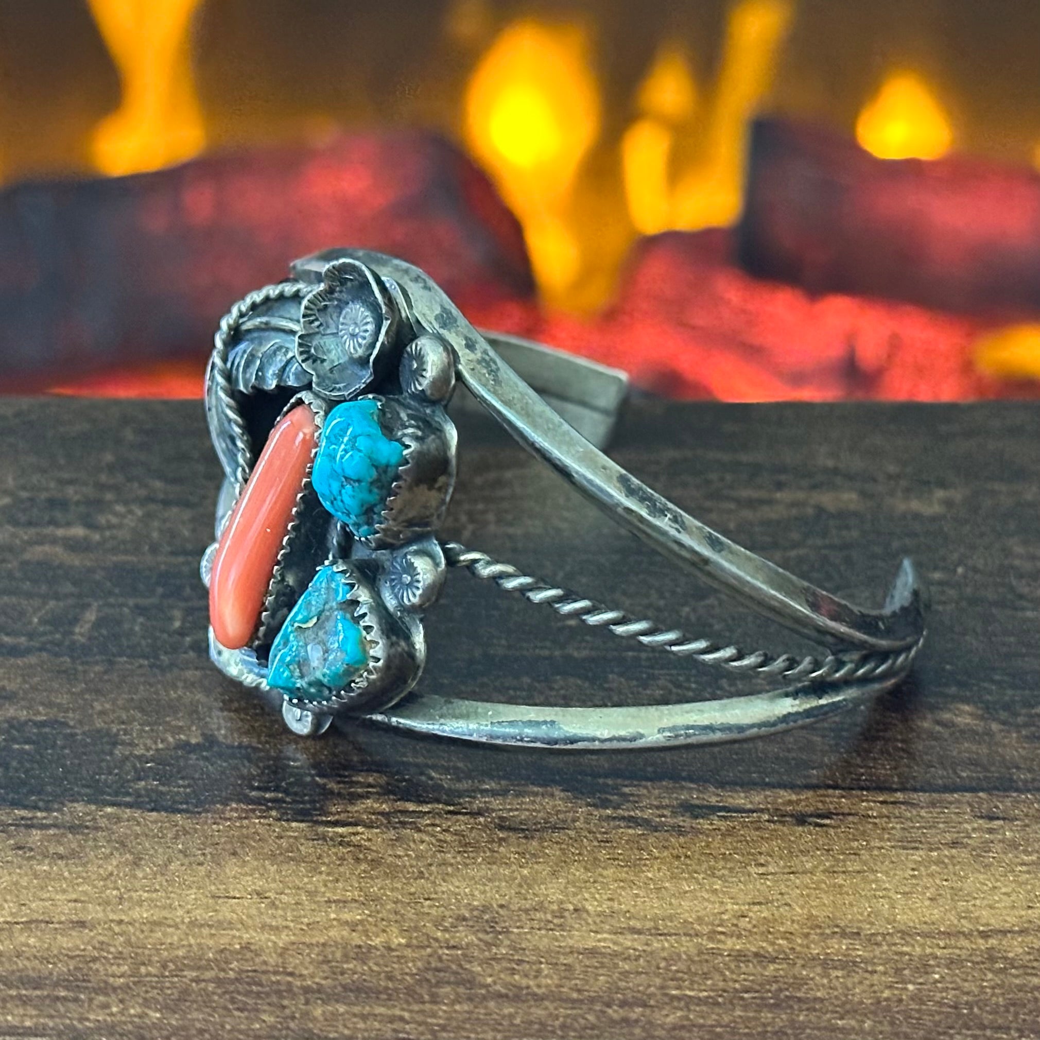 Vintage K Signed Turquoise Red Coral 3 Stone Sterling Twist Wire Floral Leaf Cuff