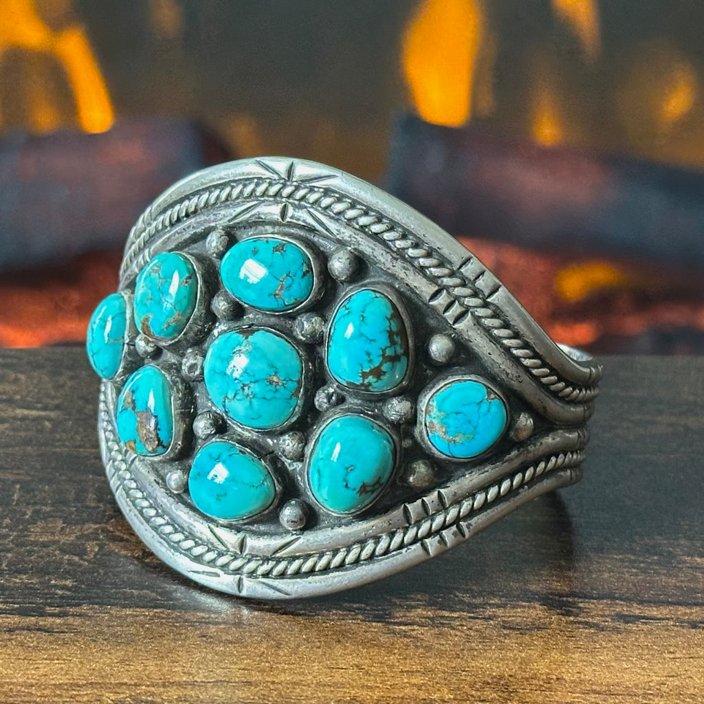 Turquoise 9 Stone Sterling Hand Stamped Cluster Twist Wire Statement Cuff