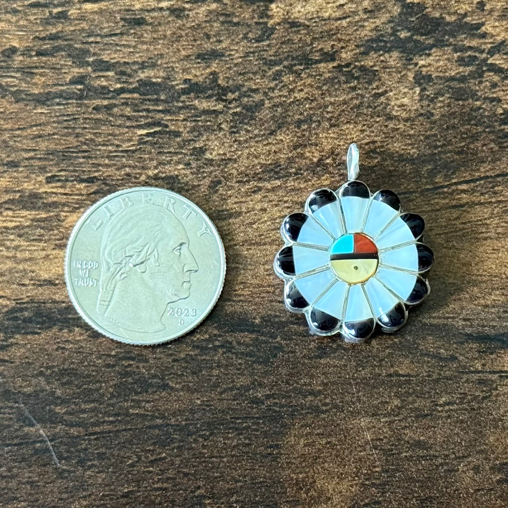 Turquoise Red Coral MOP Jet Sterling Sunface Inlay Reversible Pendant